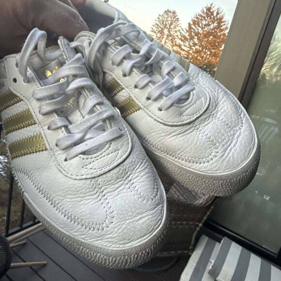 Adidas Women's 7.5 US 6 UK Samba White Platform Leather Sneakers Gold Stripe - Picture 15 of 16